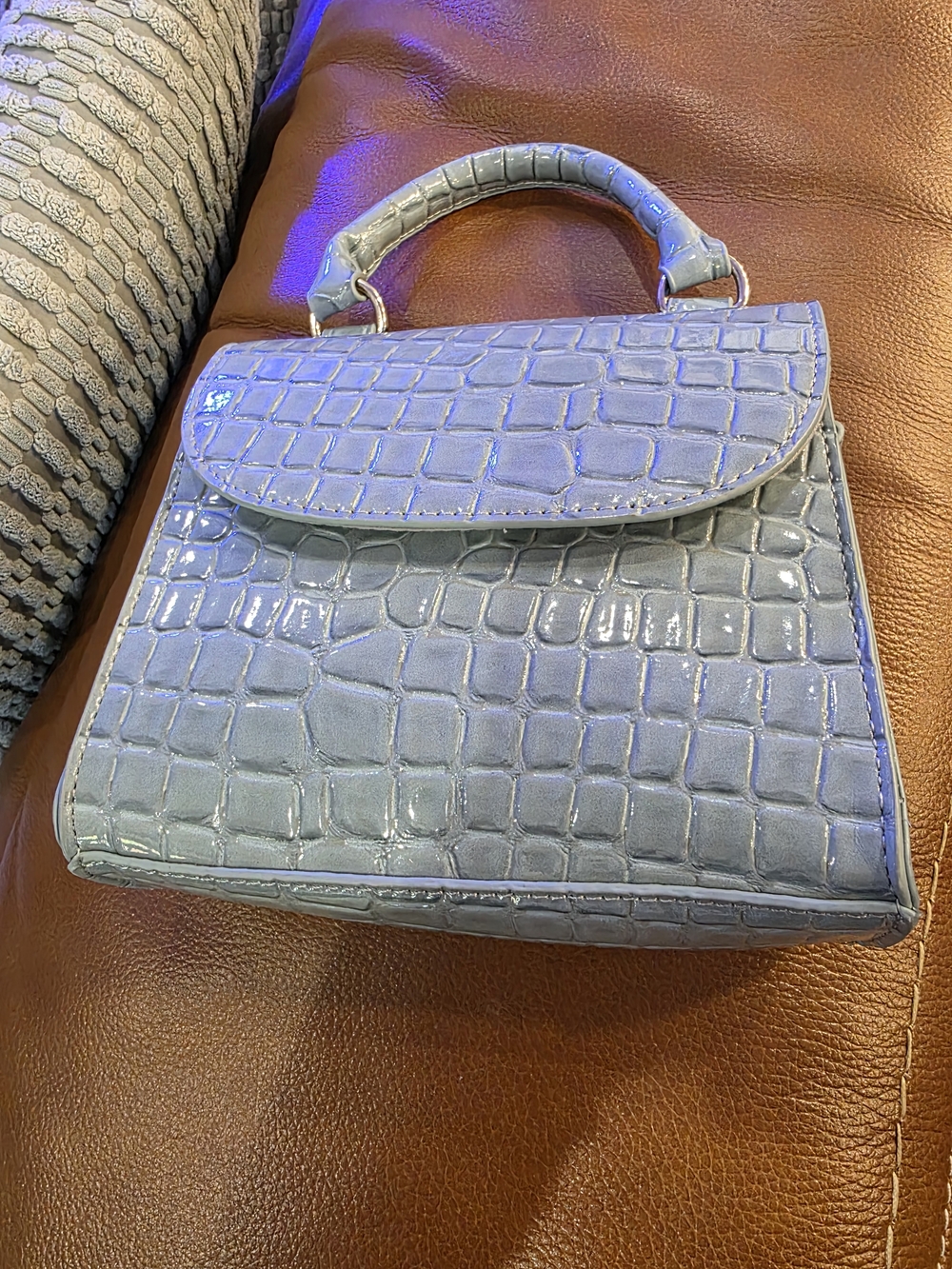 Croc-Embossed Top-Handle Shoulder Bag in Light Blue